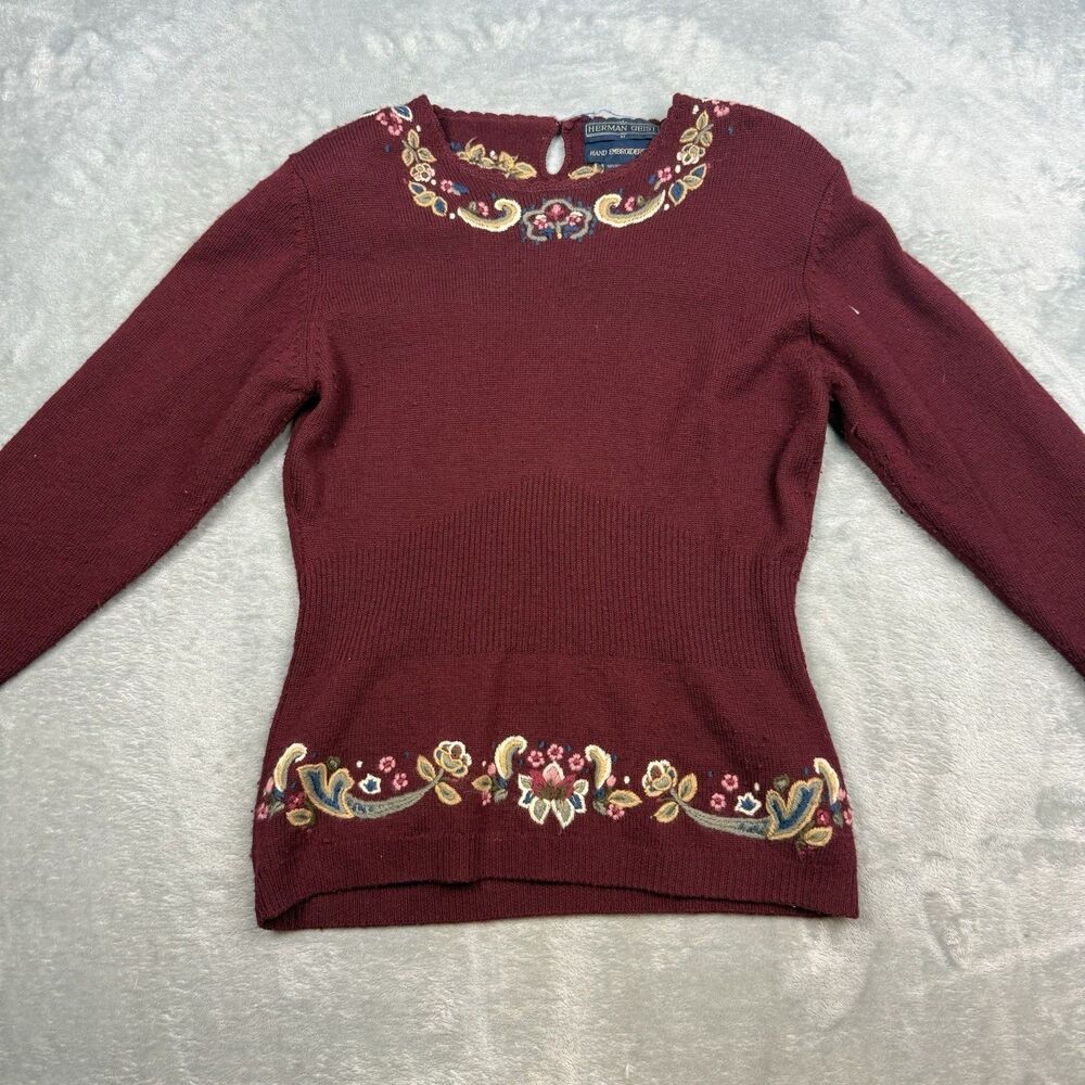 Herman Geist Womens Medium Lambswool Sweater Burgundy Hand Embroidered - Picture 3 of 8